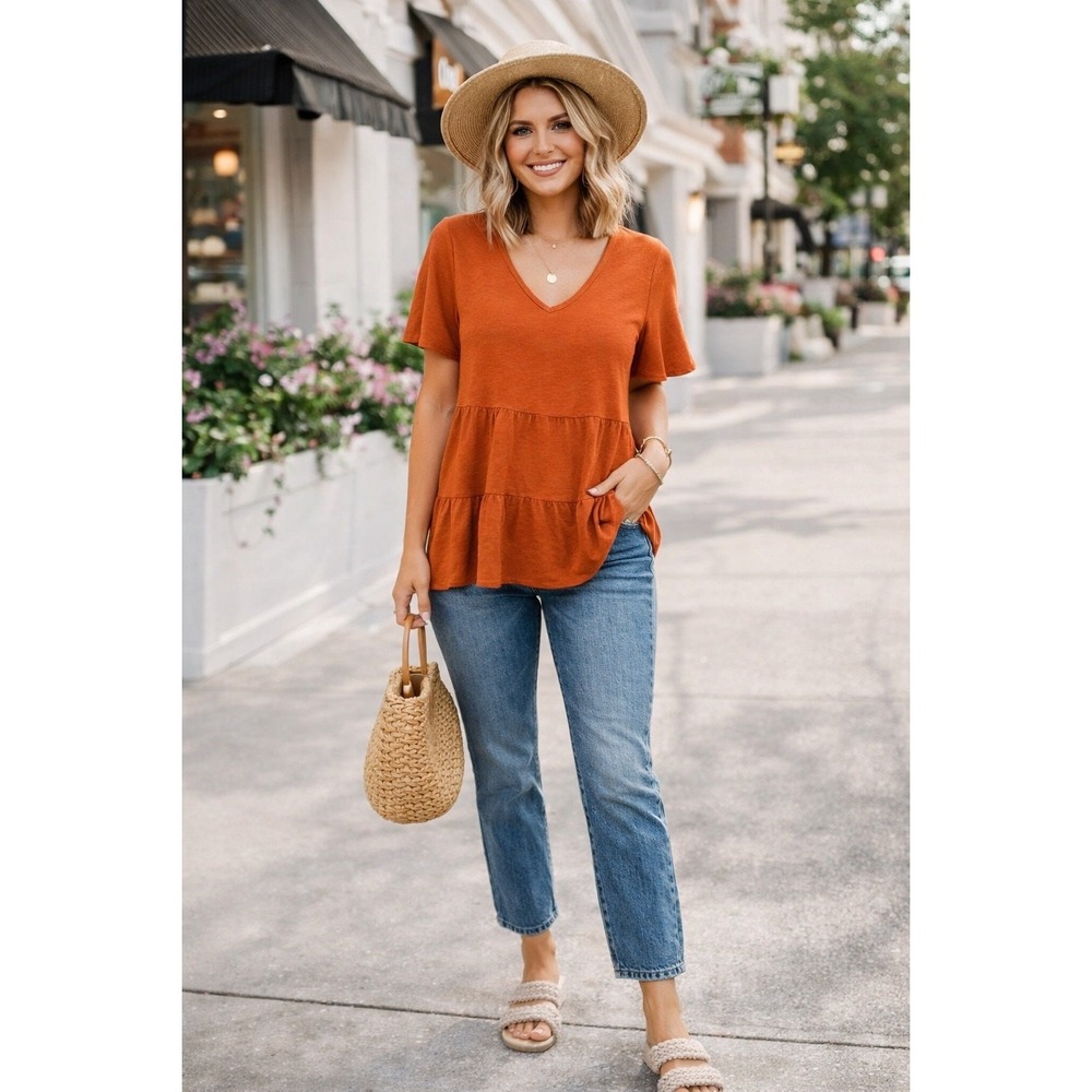 Women Size Medium 6 Rust Orange Babydoll Top Tiered Flutter Sleeve V Neck Boho